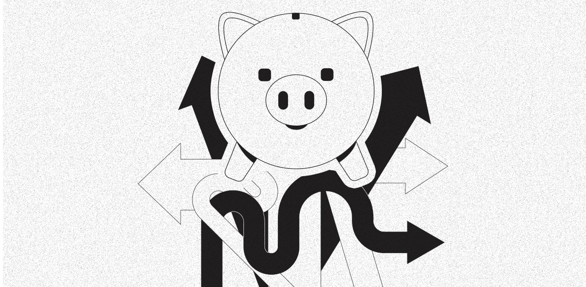 Ilustração em preto e branco de um cofrinho em formato de porco, colocado sobre várias setas que apontam em direções diferentes. A cena simboliza as diferentes opções de previdência e investimentos disponíveis para planejar a aposentadoria.