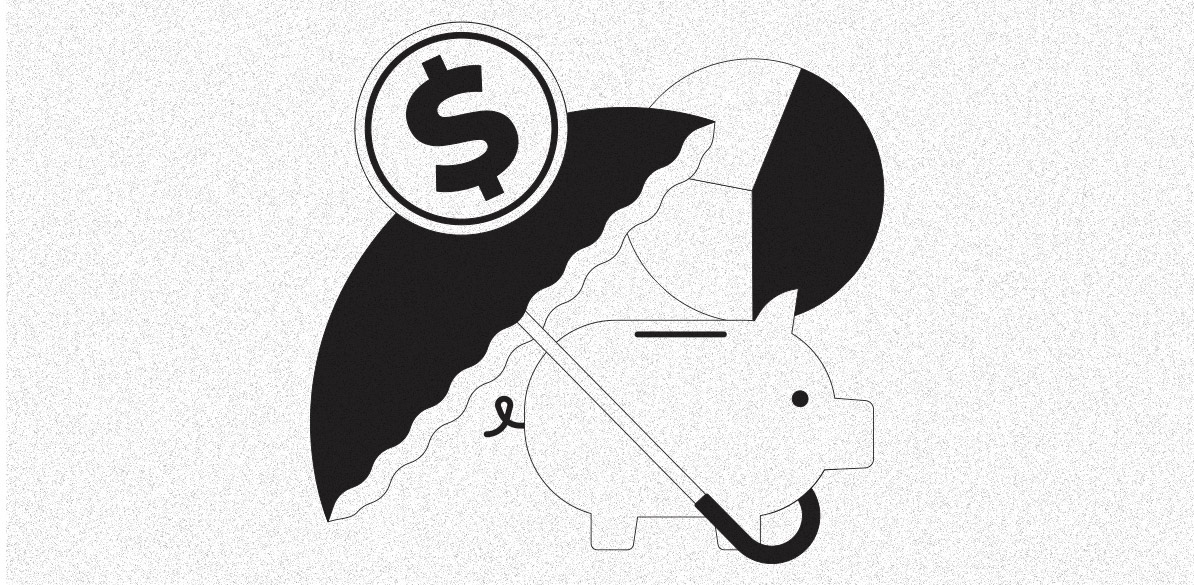 Ilustração em preto e branco de um cofrinho em forma de porco protegido por um guarda-chuva. Acima, há uma moeda com símbolo de cifrão e um gráfico de pizza ao fundo. A cena simboliza a previdência e os investimentos como forma de proteção financeira para a aposentadoria.