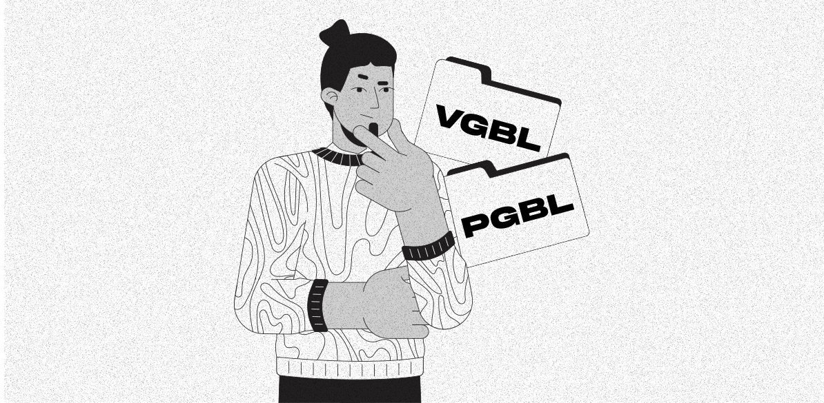 Ilustração em preto e branco de um homem pensativo, com a mão no queixo, olhando para duas pastas flutuantes identificadas como VGBL e PGBL. A cena representa a dúvida sobre qual tipo de plano de previdência escolher para a aposentadoria.