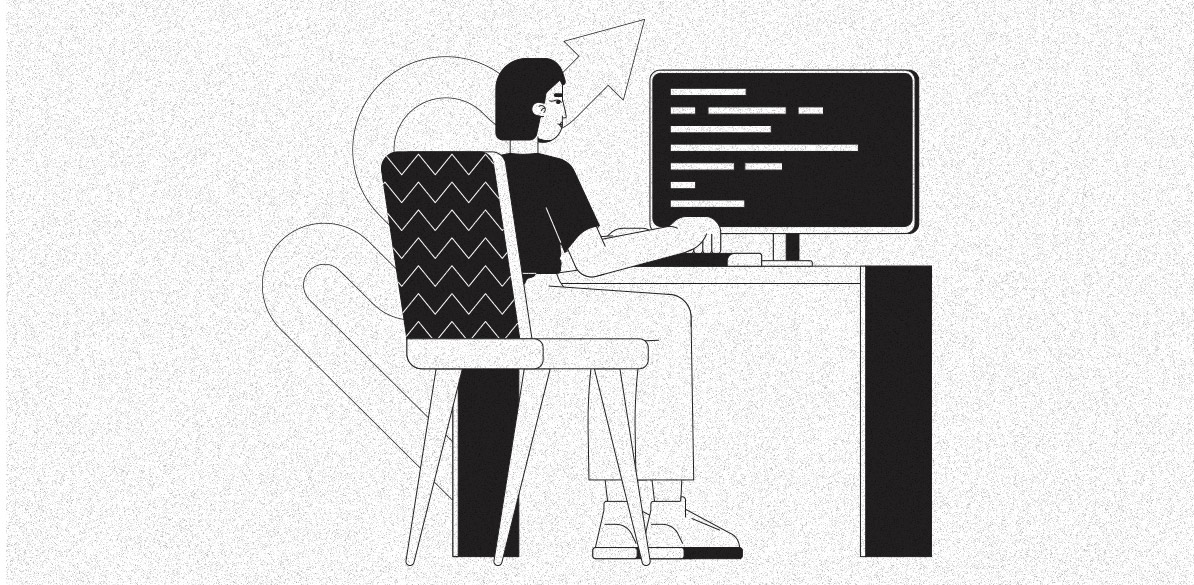 Ilustração em preto e branco de uma pessoa autônoma trabalhando em um computador de mesa. Ao fundo, uma seta para cima simboliza progresso e planejamento financeiro para a aposentadoria.