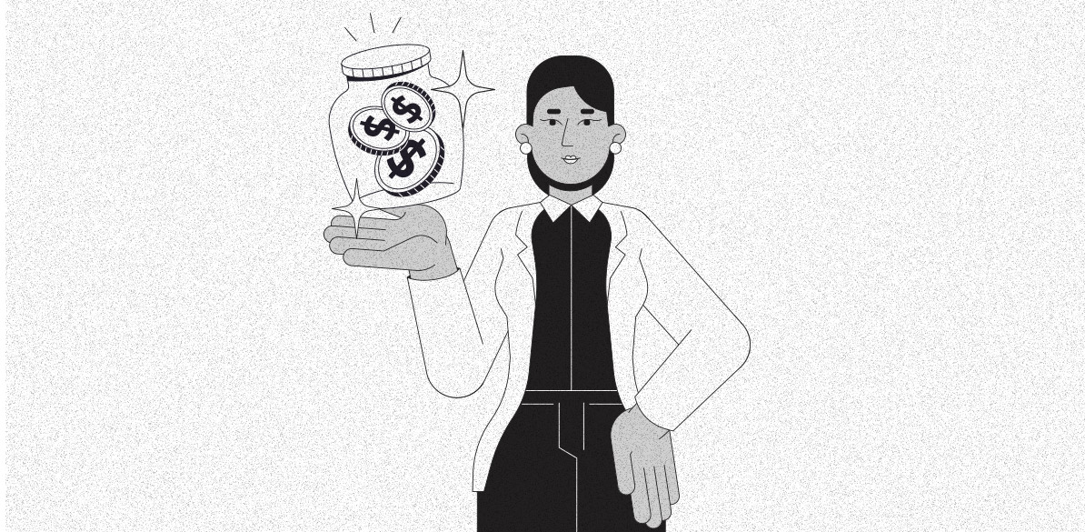 Planejar a aposentadoria Ilustração em preto e branco de uma mulher segurando um pote de vidro com moedas marcadas com cifrões. A cena simboliza planejamento financeiro e a definição de quanto dinheiro é necessário para a aposentadoria.