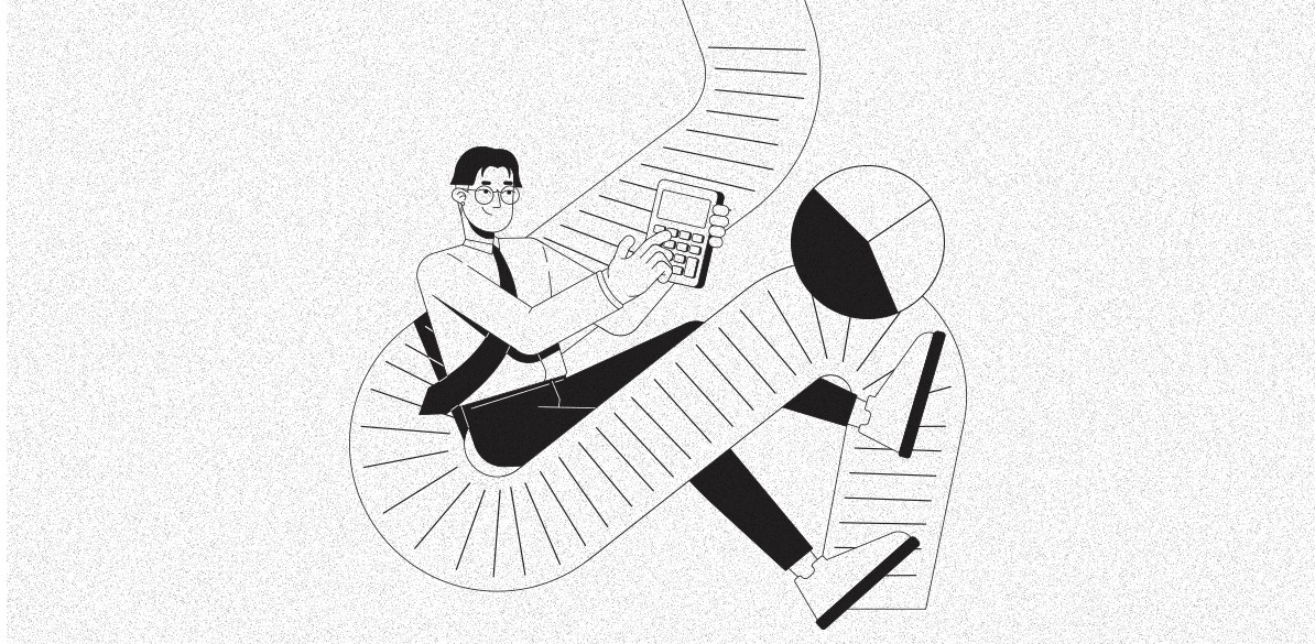 Ilustração em preto e branco de um homem sentado em meio a uma longa folha de papel, simbolizando extratos ou relatórios financeiros. Ele segura uma calculadora e digita nela, enquanto ao lado aparece um gráfico de pizza. A cena representa o planejamento e controle financeiro.
