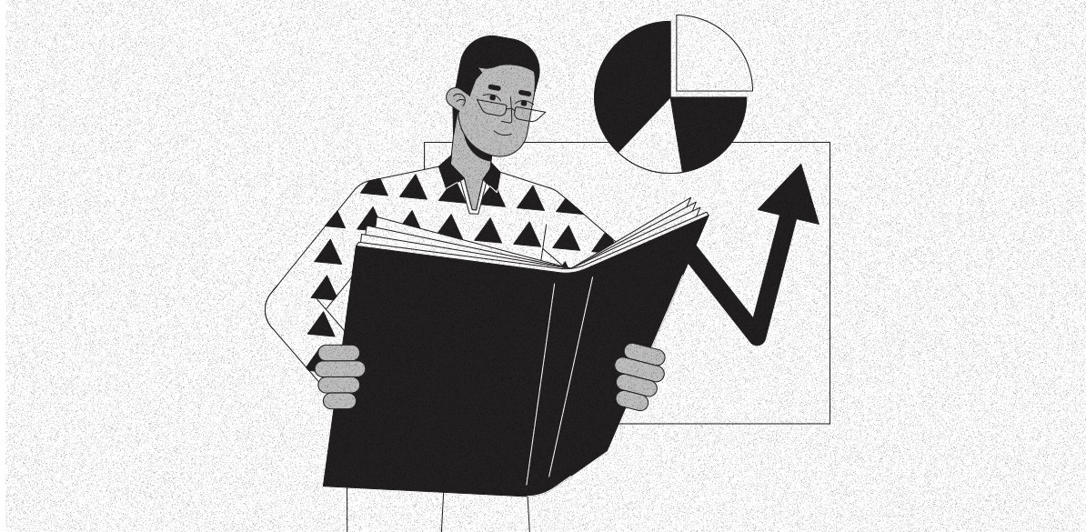 Ilustração em preto e branco de um homem usando óculos e camisa estampada com triângulos, segurando um grande livro aberto. Atrás dele, há um gráfico de pizza e uma seta apontando para cima, simbolizando crescimento e análise de investimentos.