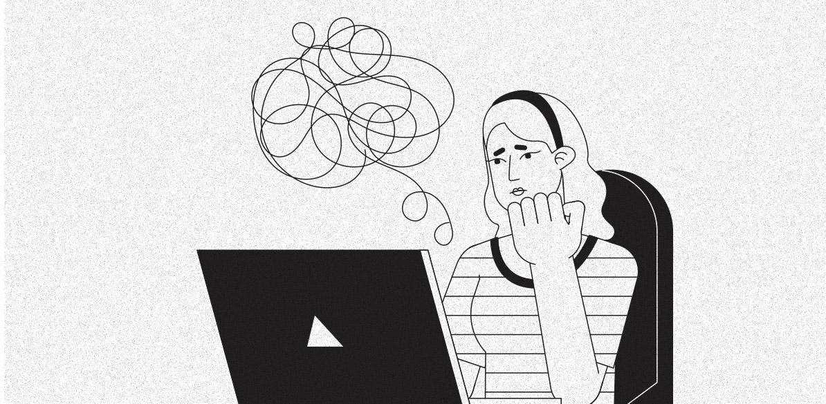 Ilustração em preto e branco de uma mulher sentada em frente a um computador, com expressão preocupada e a mão apoiada no queixo. Acima de sua cabeça aparece um emaranhado de linhas, simbolizando confusão mental ou dúvidas financeiras.