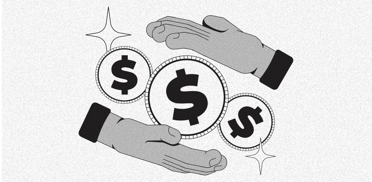 Ilustração em preto e branco de duas mãos abertas em posição de proteção envolvendo moedas com o símbolo de cifrão ($). Ao redor das moedas aparecem brilhos, representando segurança e valorização do dinheiro.