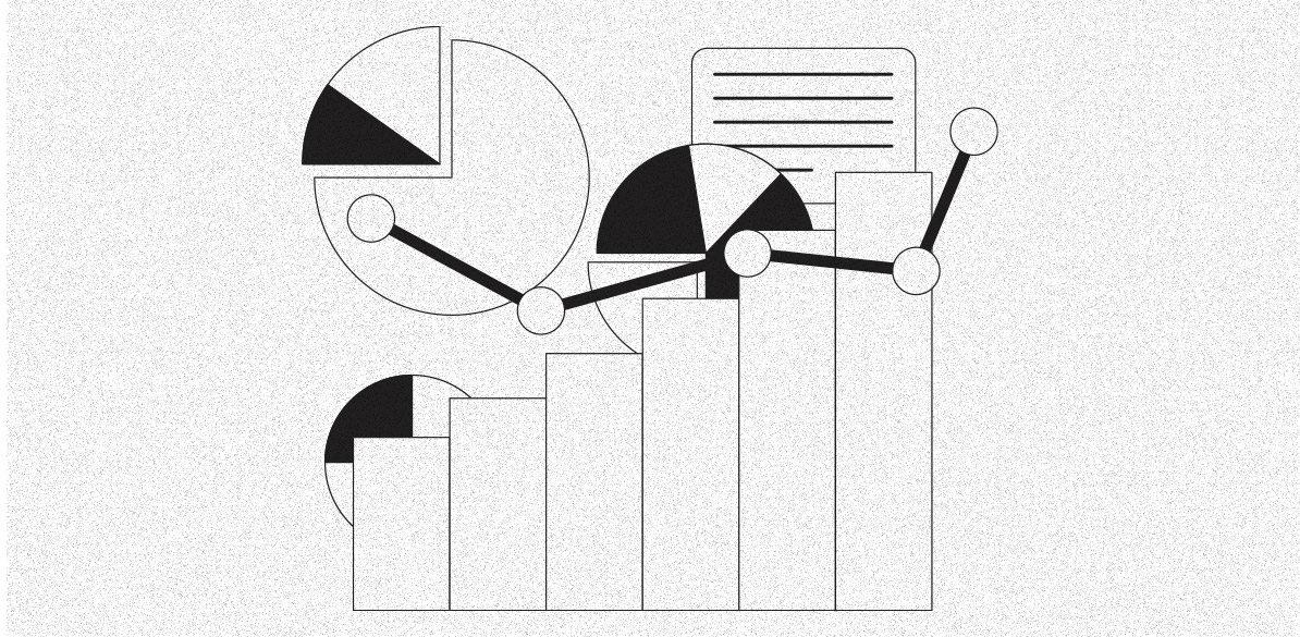 Diversificação Ilustração em preto e branco de gráficos financeiros. Há barras em crescimento, gráficos de pizza e uma linha com pontos de conexão. A cena simboliza análise de dados, diversificação e acompanhamento de investimentos.