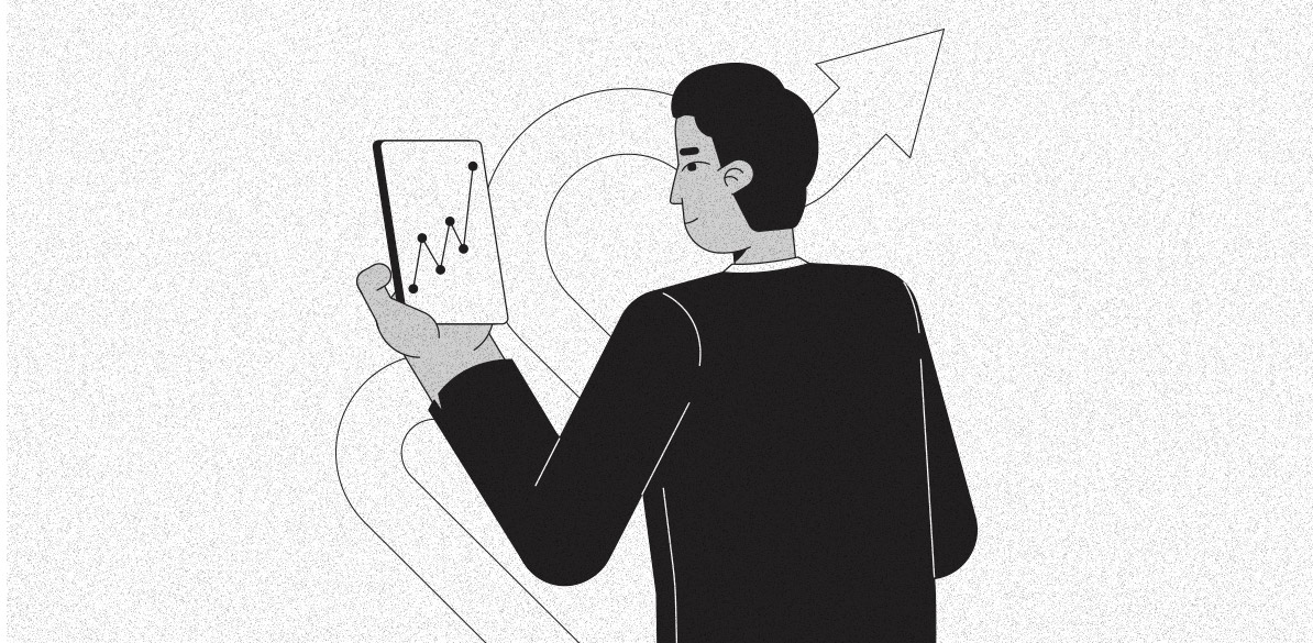 Criptomoedas Ilustração em preto e branco de um homem de costas segurando um tablet que mostra um gráfico de linhas em crescimento. Ao fundo, há uma seta grande apontando para cima, simbolizando progresso e valorização de investimentos.