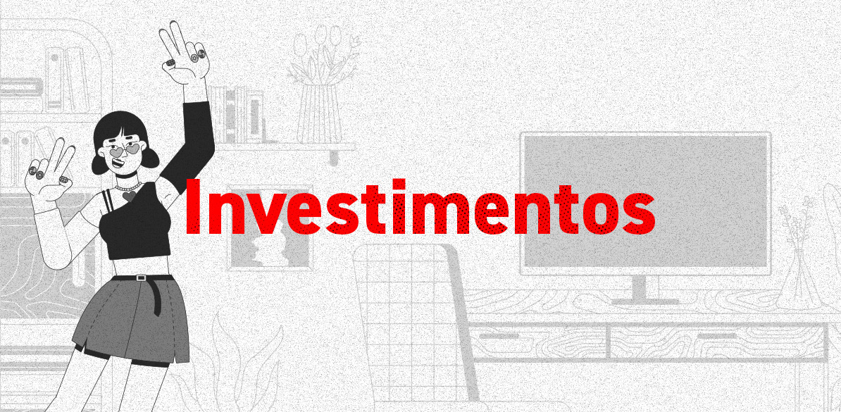 Investimentos Ilustração em preto e branco de uma jovem sorridente com óculos de sol, brincos e roupa estilosa, fazendo sinal de paz com ambas as mãos. Ao lado dela, a palavra "Investimentos" aparece em destaque, escrita em letras grandes e vermelhas. Ao fundo, há uma estante com livros e um monitor de computador, sugerindo um ambiente de estudo ou trabalho.