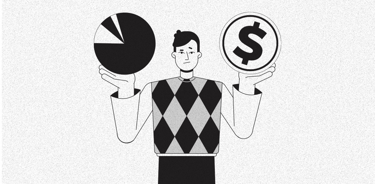 Ilustração em preto e branco de uma pessoa com expressão neutra segurando dois ícones: à esquerda, um gráfico de pizza com um segmento destacado, representando distribuição financeira; à direita, um símbolo de cifrão dentro de um círculo, simbolizando dinheiro. A pessoa veste um colete com padrão de losangos.