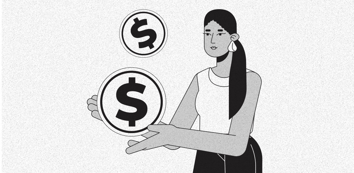 Dívidas e poupança Ilustração em preto e branco de uma mulher com cabelo comprido segurando um grande ícone de cifrão ($), enquanto outro símbolo de cifrão flutua acima de suas mãos. Ela veste uma blusa sem mangas e brincos grandes. A imagem representa o conceito de finanças pessoais ou gestão do dinheiro.