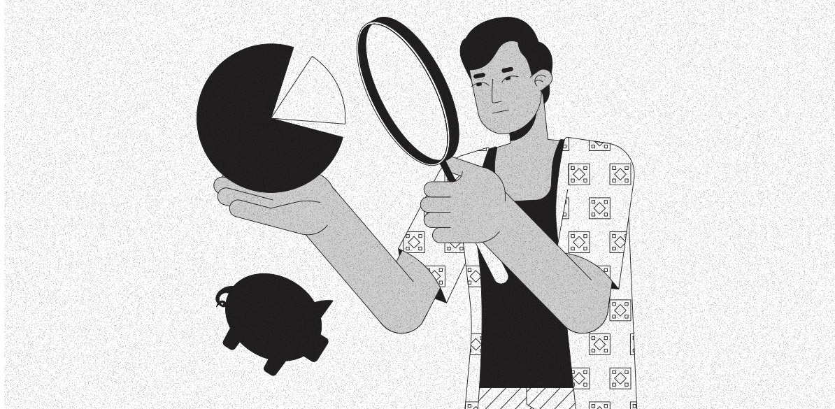 Ilustração em preto e branco de um homem segurando uma lupa com a mão direita, observando atentamente um gráfico de pizza com um segmento destacado na mão esquerda. Abaixo, aparece a silhueta de um cofrinho em forma de porco. A imagem representa o conceito de análise financeira e controle de gastos.