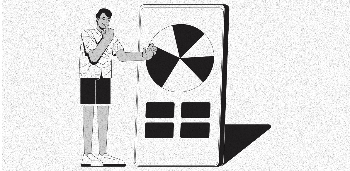 Ilustração em preto e branco de um homem em pé interagindo com uma tela grande de smartphone. Ele toca em um gráfico de pizza exibido na tela, que também contém quatro botões retangulares abaixo. A cena representa o uso de tecnologia para controle financeiro ou organização de despesas.