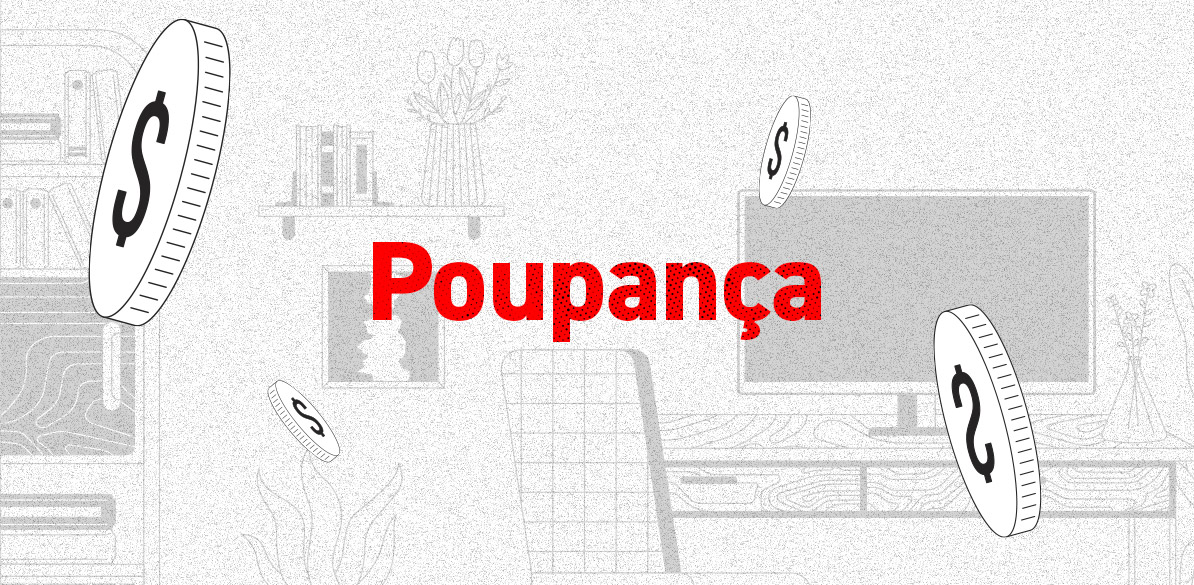 Ilustração em preto e branco de um fundo com uma mesa, livros e flores. Em primeiro plano, destacam-se moedas com o símbolo do dólar flutuando ao redor, com a palavra "Poupança" escrita em vermelho.