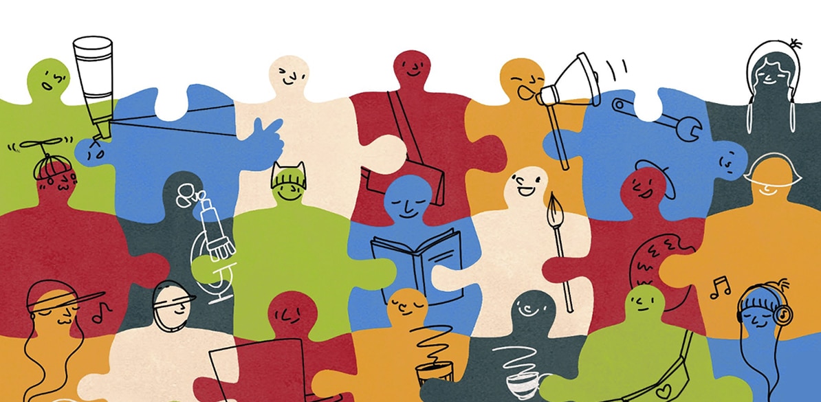 O poder da juventude para transformar o mundo Ilustração colorida de peças de quebra-cabeça representando jovens com diversas profissões e atividades, simbolizando sua capacidade de transformar o mundo por meio da educação.