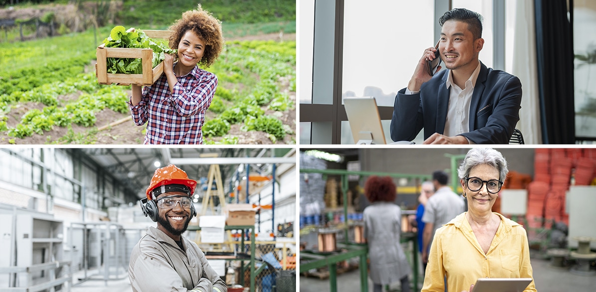 Trabalhadores de diferentes setores: agricultura, negócios, indústria e comércio