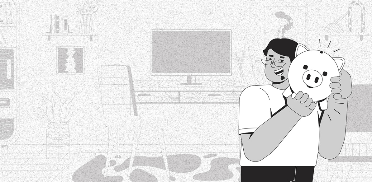 Tá Pago Ilustração de um homem sorridente segurando um cofre em forma de porquinho, representando poupança e educação financeira em um ambiente doméstico.