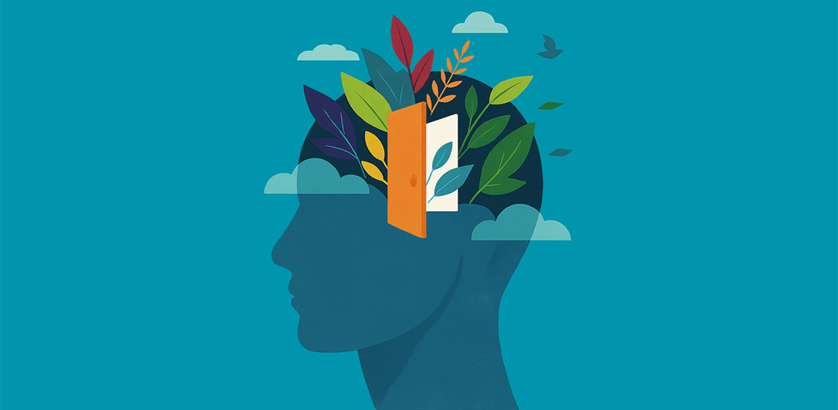Saúde mental Ilustração de uma silhueta de cabeça humana em perfil, com uma porta aberta no centro do crânio por onde emergem folhas e galhos coloridos, simbolizando saúde mental, crescimento interior e abertura emocional. Fundo azul com nuvens e pássaros voando, evocando calma e liberdade mental.