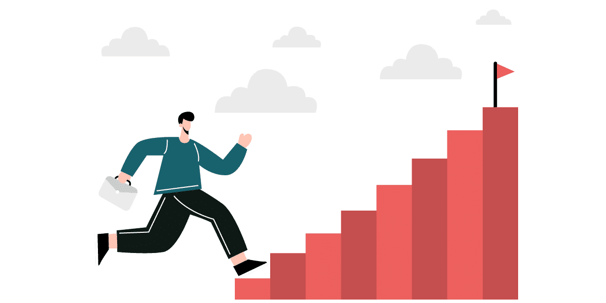 Ilustração de um homem com maleta subindo escadas vermelhas em direção a uma bandeira no topo, representando progresso e superação de desafios por meio da inovação social.