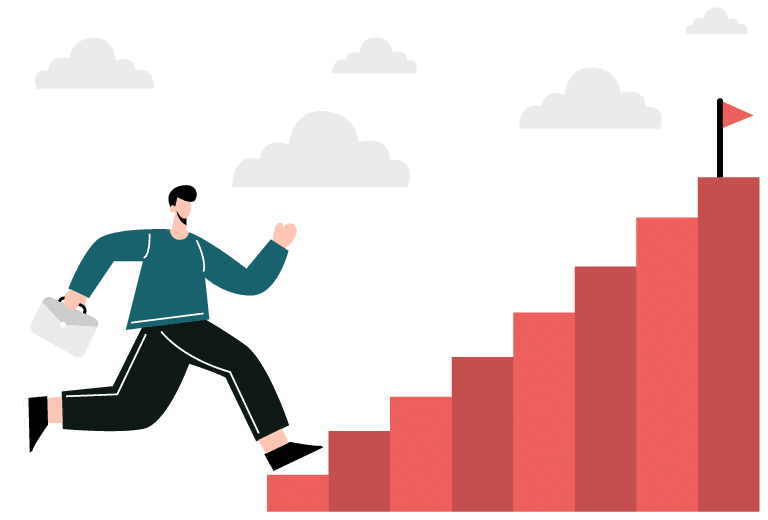 Ilustração de um homem com maleta subindo escadas vermelhas em direção a uma bandeira no topo, representando progresso e superação de desafios por meio da inovação social.