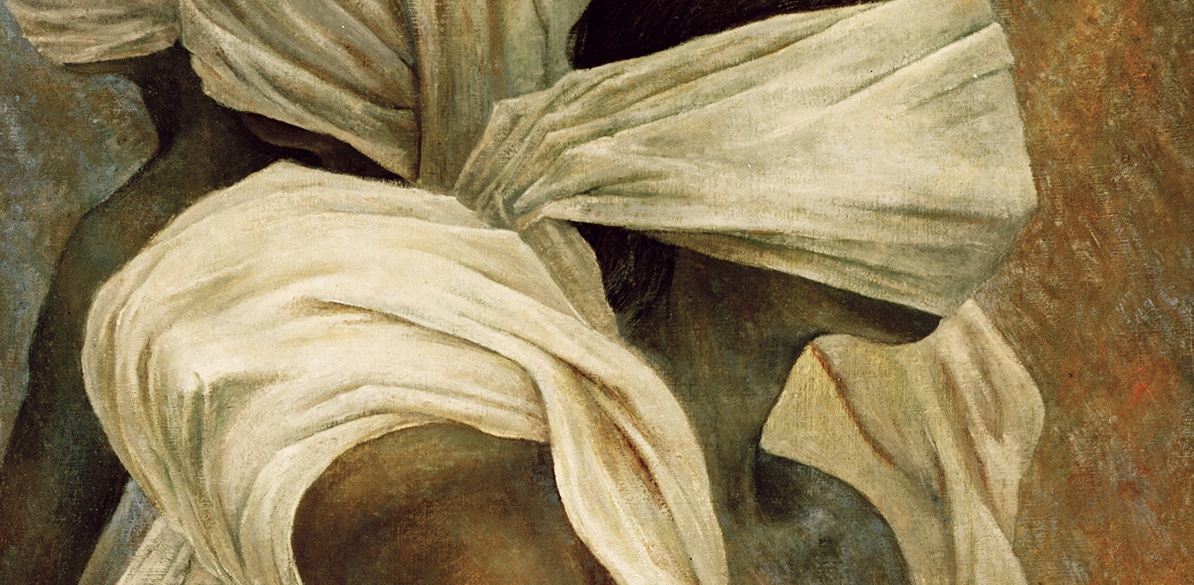 Detalhe de uma pintura com tecidos brancos e dobras de túnicas.