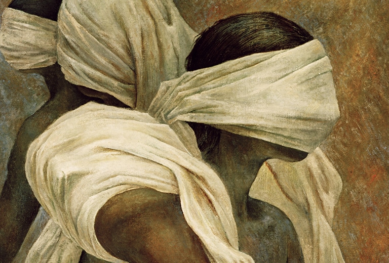 Detalhe de uma pintura com tecidos brancos e dobras de túnicas.